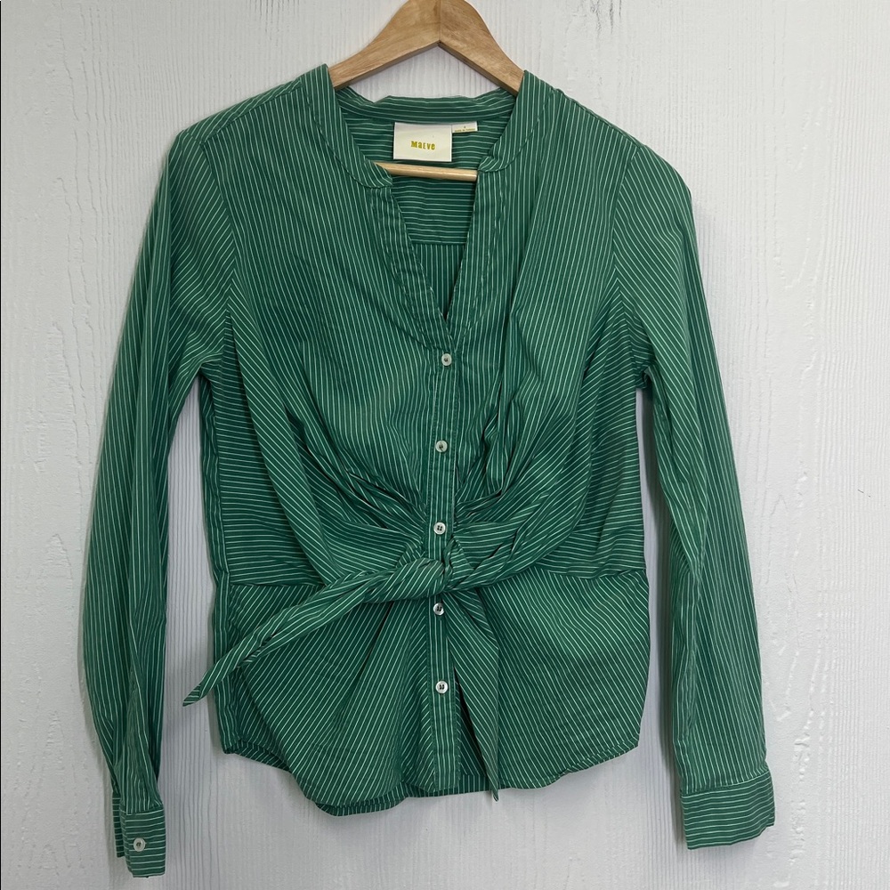 Anthropologie - Maeve Katherine Green And White Button Down Knotted Blouse SZ 8 - Picture 7 of 11